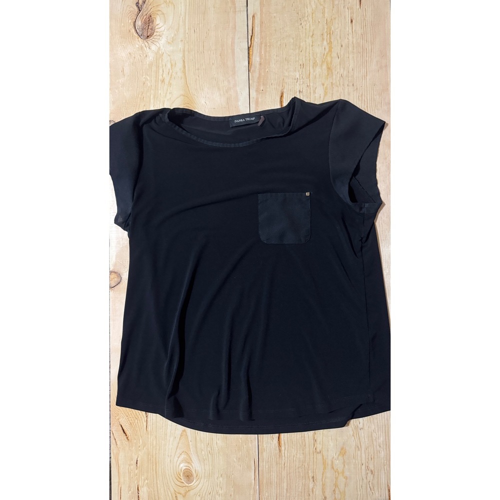 Ivanka Trump Womens Black Cap Sleeve Pocket Top Blouse Career Size S